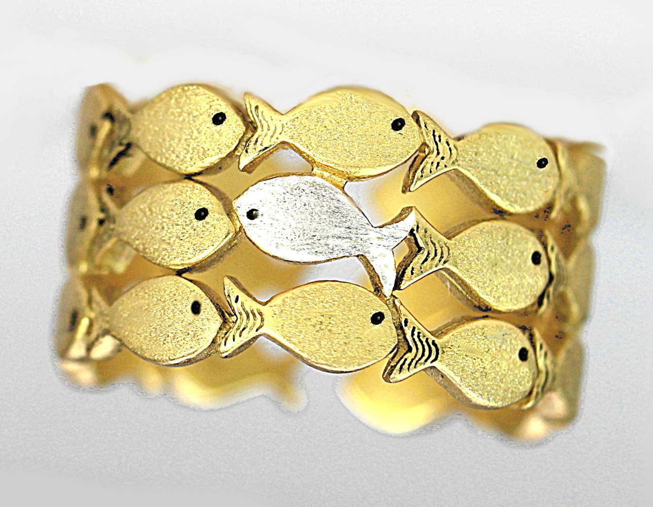 Swimming Against The Current. Sterling GOLD adjustable ring. School of fish with one silver fish swimming upstream.